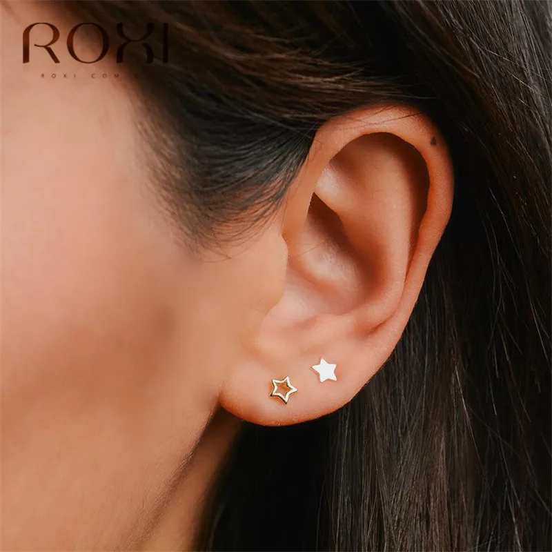ROXI настоящие серьги из стерлингового серебра 925 пробы для женщин, Стерлинговое Серебро-ювелирные изделия Brincos полая звезда маленькие серьги-гвоздики подарки