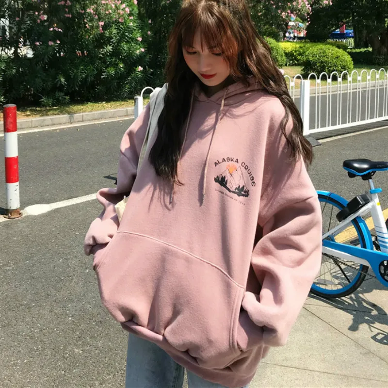 

Hoodies Women Oversized Streetwear Winter Thicker Warm Hooded All-match Korean Kpop Womens Pullover Daily Leisure Loose Harajuku