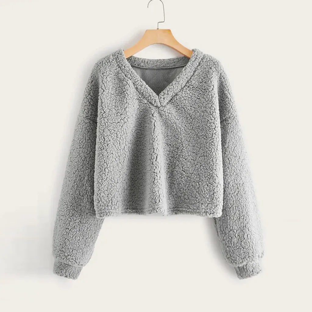 Kawaii moletom feminino sudadera mujer Модный свитшот Женский Повседневный свободный длинный рукав однотонный свитшот с v-образным вырезом
