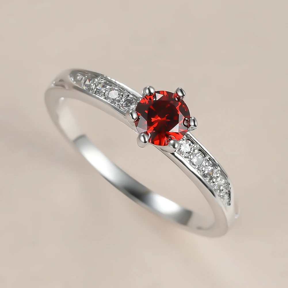 

Simple Female Red Crystal Thin Ring Charm Silver Color Wedding Rings For Women Dainty Bride Round Zircon Engagement Ring