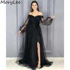 Платье для выпускного черное ТРАПЕЦИЕВИДНОЕ с длинным рукавом и Боковым Разрезом, плиссированное платье из тюля на молнии сзади