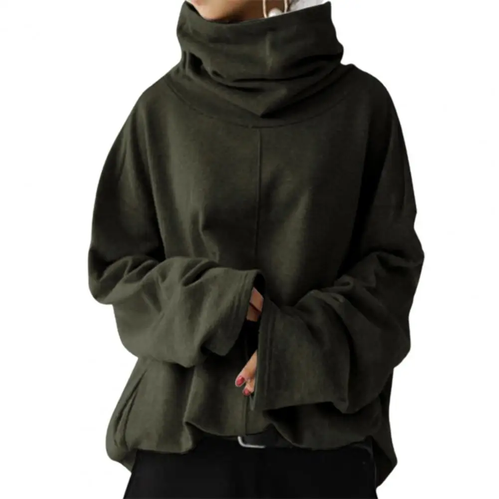 

Hoodies Women Solid Color Side Pocket Pullover Blouse Plush Lining Long Sleeve Turtleneck Hooded Sweatshirt Women Traksuit