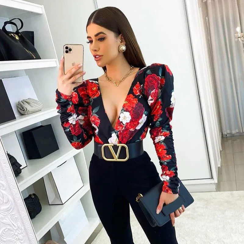 CNYISHE Print Deep V Neck Bodysuit Women Sexy Puff Sleeve Bodycon Jumpsuit Elastic Casual Party Spring Romper Body Tops Overalls red bodysuit