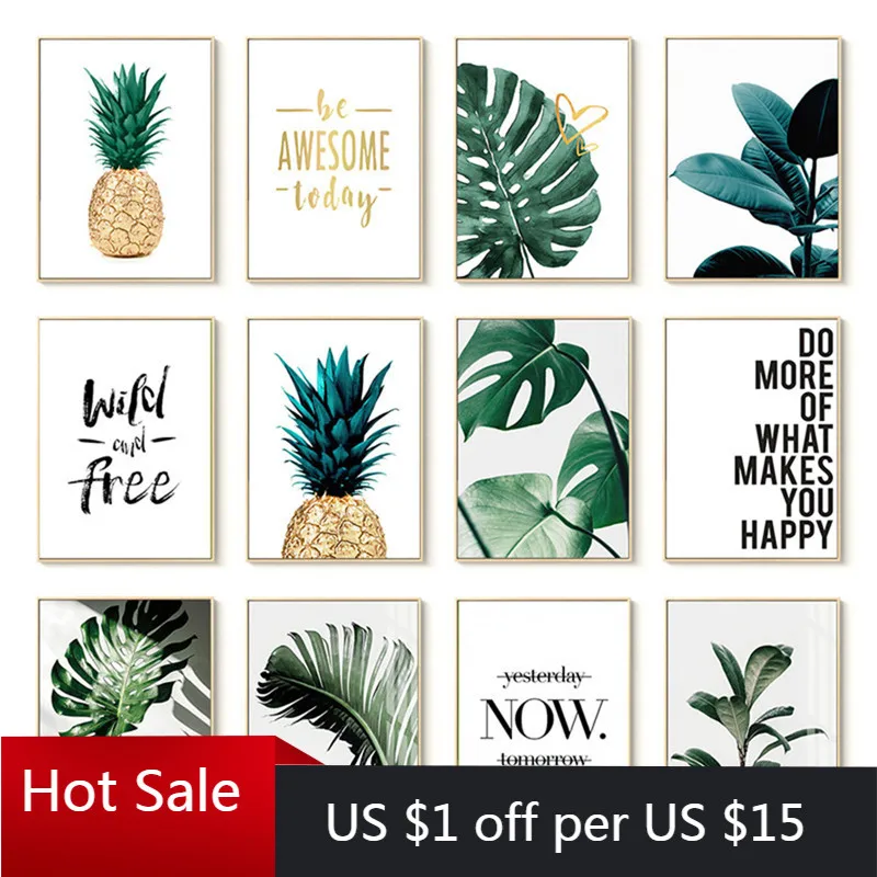 Скандинавская Картина на холсте с изображением ананаса и зеленых листьев | Дом