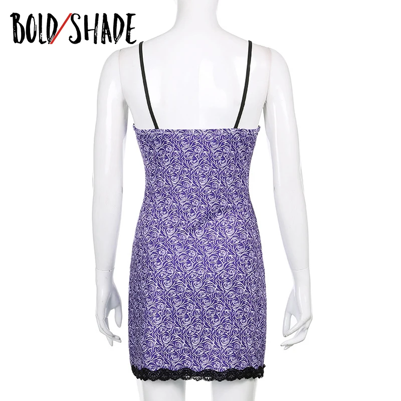 

Bold Shade 2000s Aesthetic y2k Dress Purple Lace Trim V-Neck Print Spaghetti Strap Mini Dresses for Women Indie Fashion Clothes