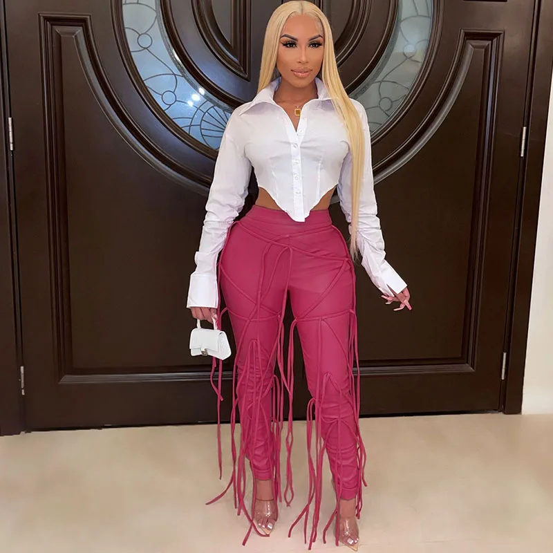 

Streetwear Harajuku Pu Leather Pants Women Y2k Clothing High Waisted Pant Ribbons Criss Cross Night Party Club Trousers Pantalon