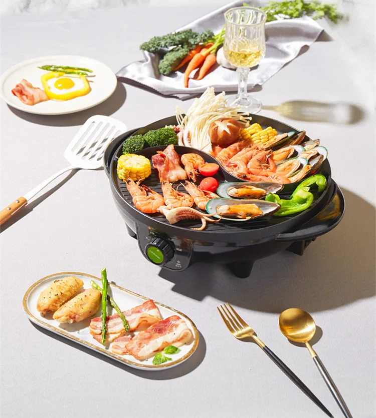

220V 2 In 1 Multifunctional Electric Hot Pot Electric BBQ Griddle Non-stick Cooker Half Hot Pot Half Barbecue Grill Plate