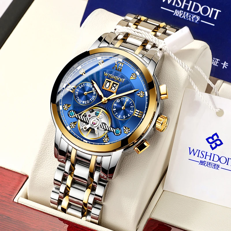 WISHDOIT Swiss Watch Men's Mechanical Automatic Hollow Watch Large Dial Waterproof Luminous 2021 New Men's Fashion Watch Luxury