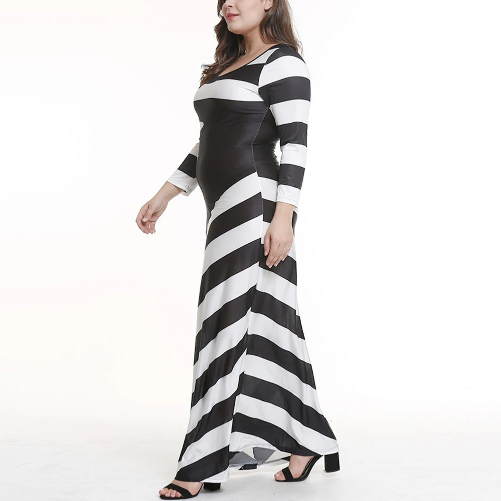 Fadzeco осеннее раннее черно-белое Полосатое длинное повседневное Свободное платье