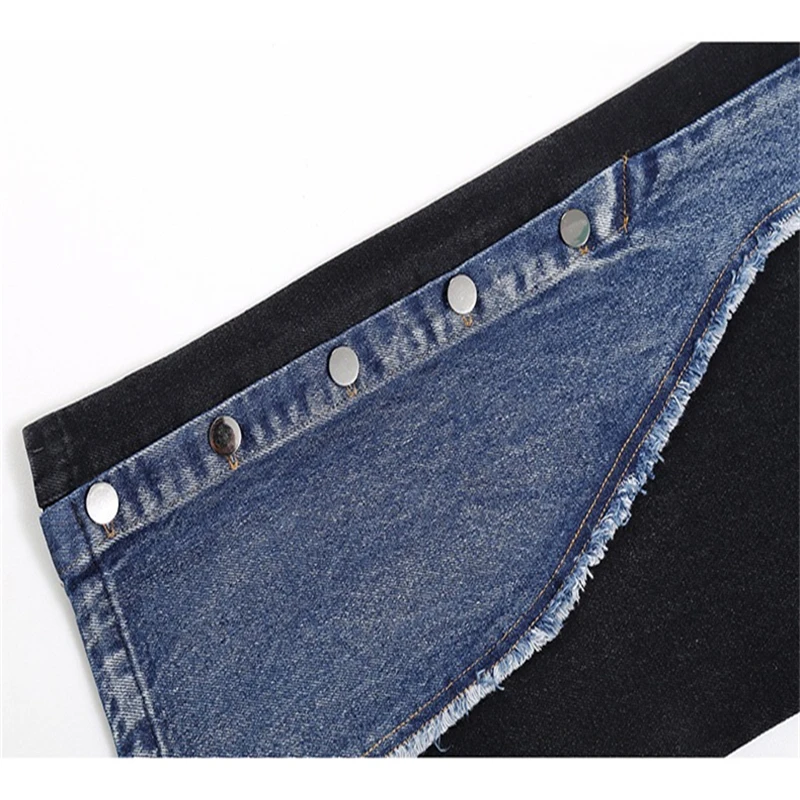 

New Korean Style Woman Full Length Denim Patchwork Elastic Waist Long Pants Straight Ladies Jean Stylish Casual Trousers