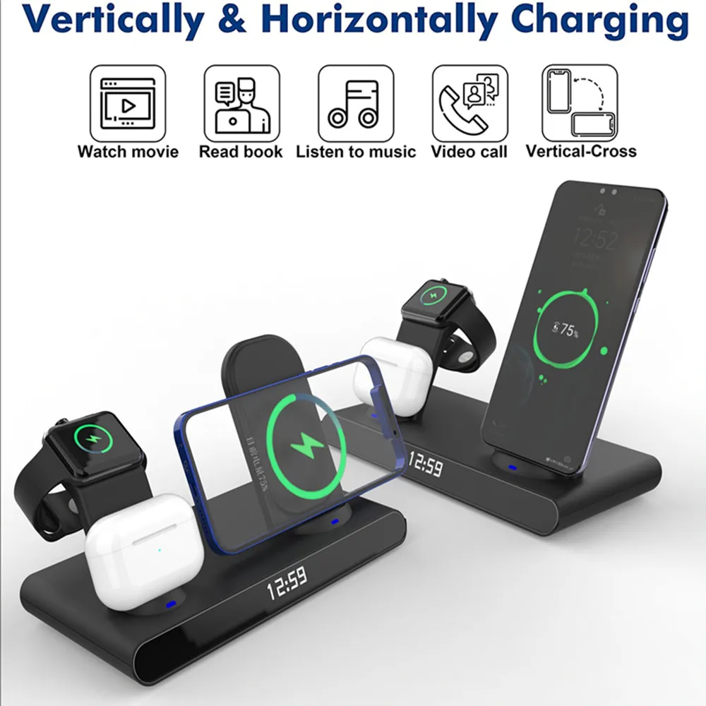 3 in 1 clock wireless charger stand 15w fast wireless charging station for samsung xiaomi mi huawei for iphone apple watch free global shipping