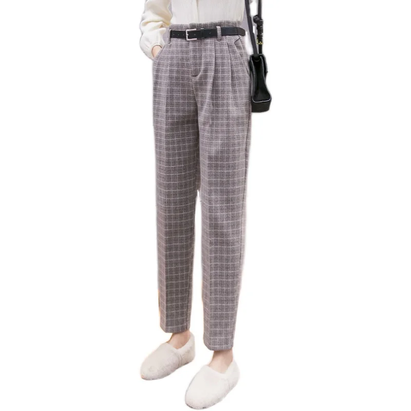 

REALEFT Woolen Vintage Plaid Formal Women Harem Pants with Belt Autumn Winter 2020 Mid Waist Lady Elegant Long Trousers Pocket