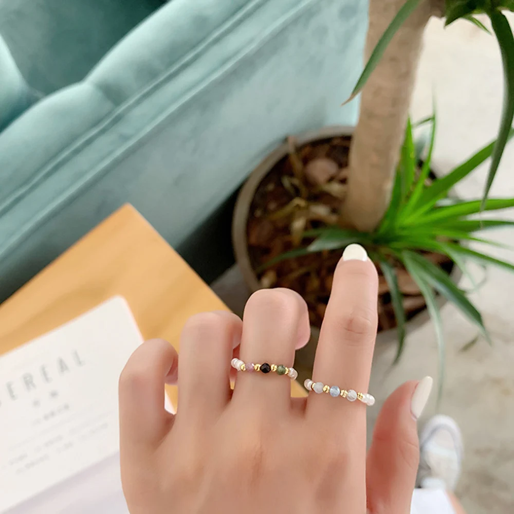 

Vintage New Elegant Korean Retro Natural Pearl Shell Crystal Beaded Ring Fashion Party Finger Ring Jewelry for Women Gift