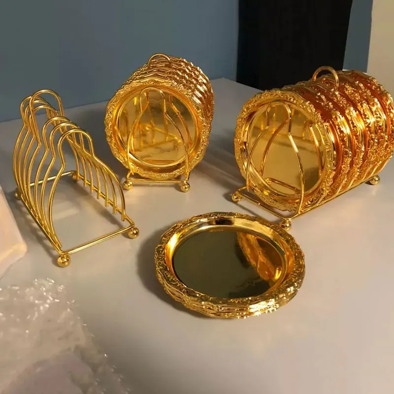 

7Pcs/set High Quality Metal Serving Tray Party Fruit Food Tray Coffee Coaster Gold Tray Decoration Kitchen Supply Metal Coaster