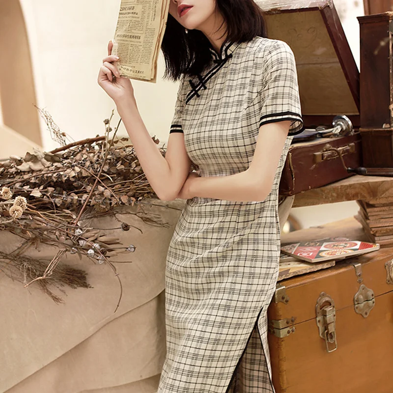 

Cheongsam Dress Slim Plaid Cheongsam Vintage Cotton Dress for Woman Split Bodycon Women Dresses Sexy Plus Size Summer Dress 2021
