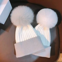 canze new winter warm knitted hat with letter m fox fur ball cute woolen hat