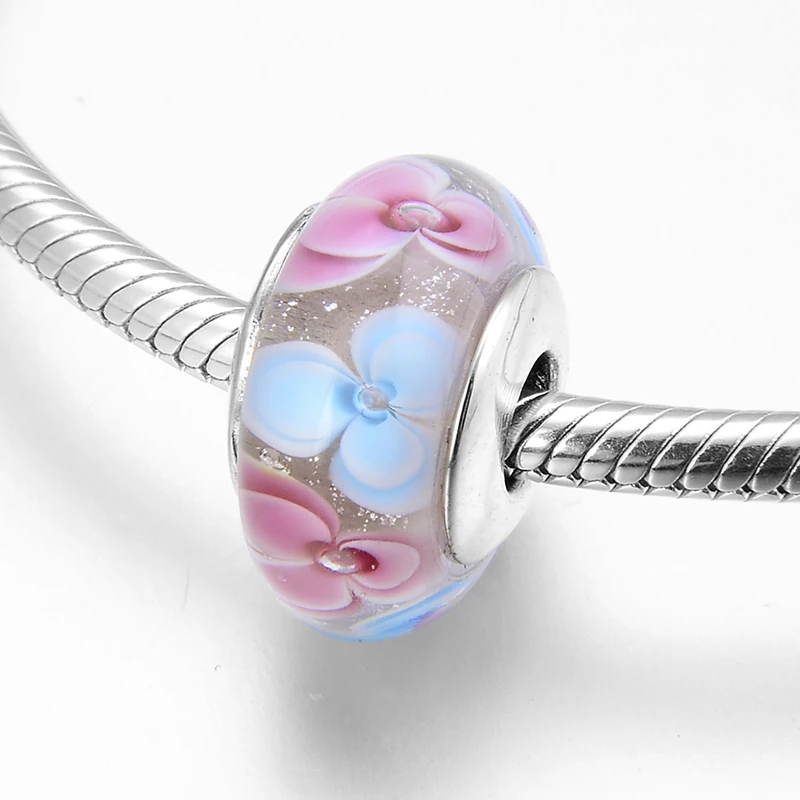 Яркие серебристые синие розовые красные бусины из муранского стекла с цветами