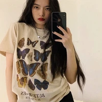 casual butterfly printed short sleeve t shirt for women summer streetwear chic o neck tees top ladies loose t shirt