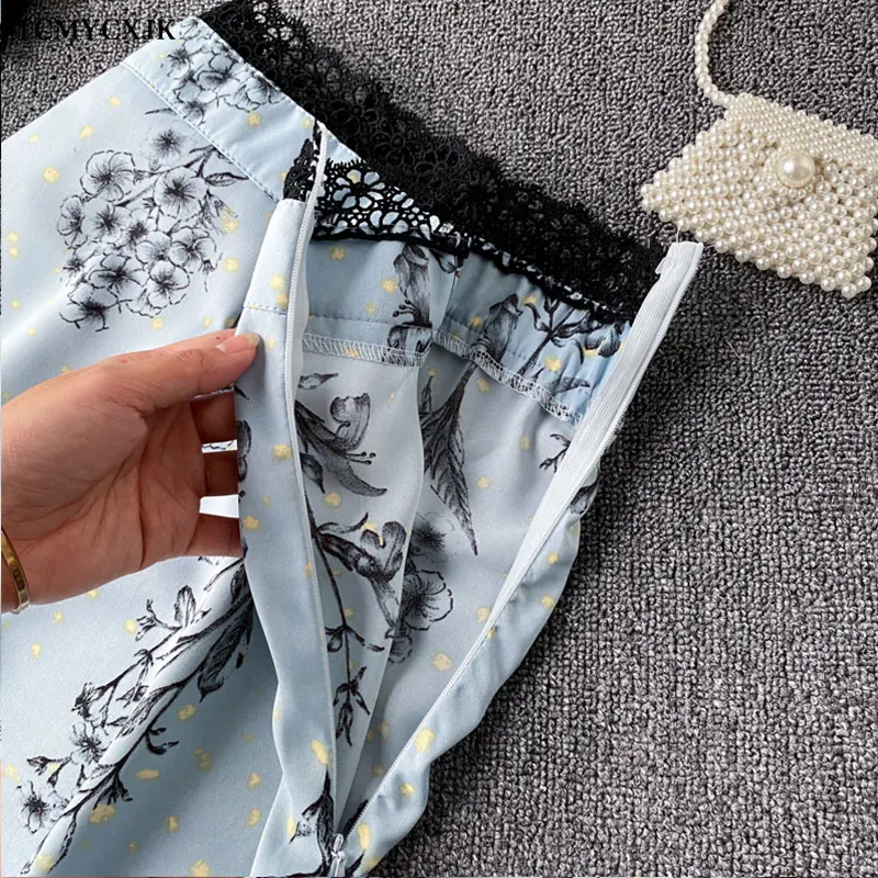 

Summer Suit Two-piece Vacation Beach Women Pants Sets Printed Deep V Neck Tie Top + High Waist Wide Leg Pants Two Piece Outfits