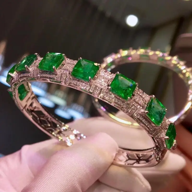 

QTT Luxury 925 Sterling Silver Bracelets Emerald Gem Square Diamond Bracelet for Women Bangle Charm Fine Wedding Jewelrys