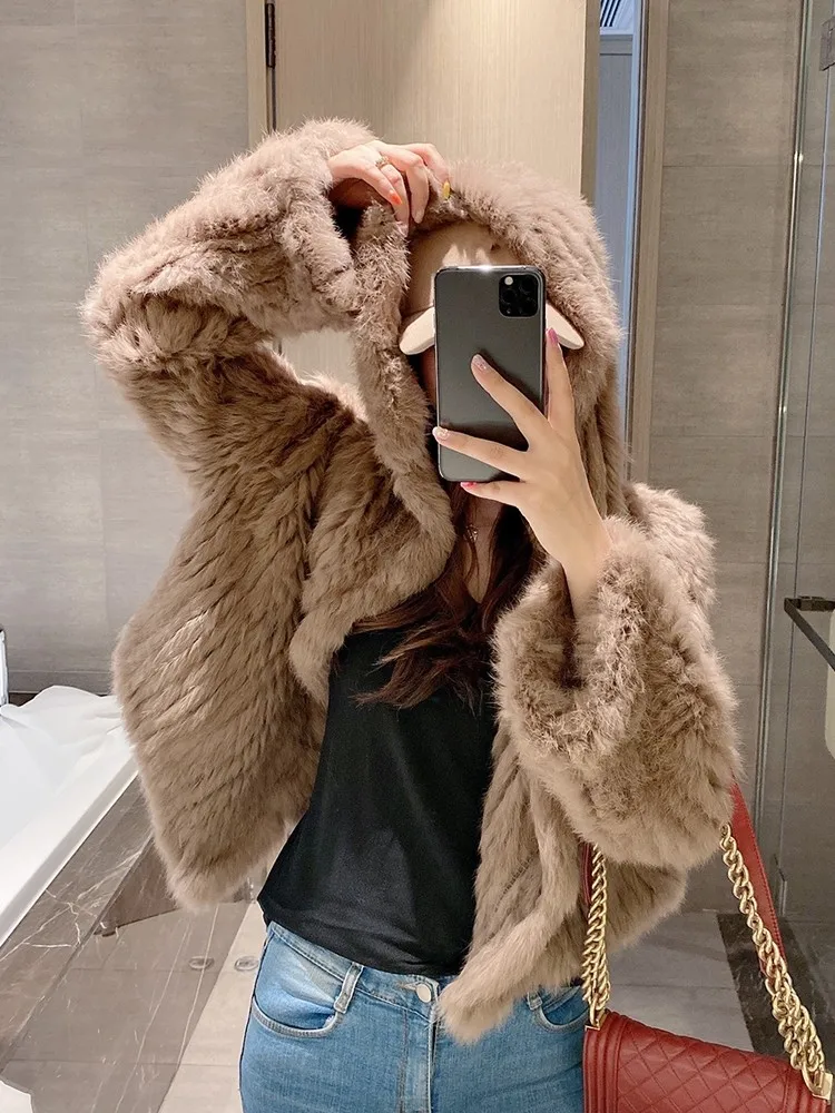knitted Genuine Rabbit fur coat women fashion long rabbit fur jacket Outwear winter fur coat Free shipping