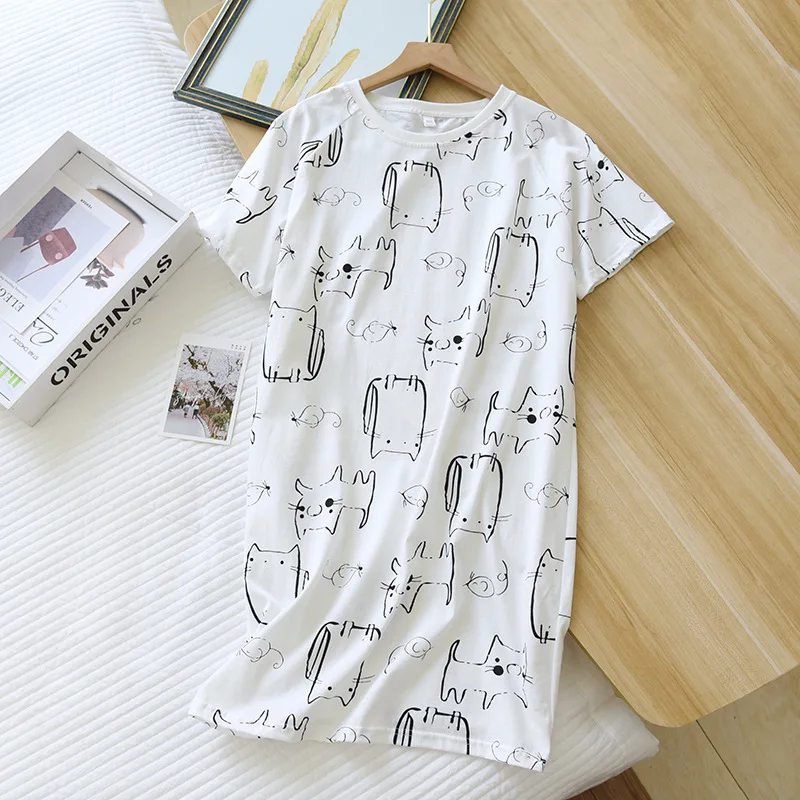 

Knitted Cotton Pajamas Summer Woman Night Dress Cat Printed White Sleepwear Thin Short Sleeve Round Neck Loose Ladies Loungewear