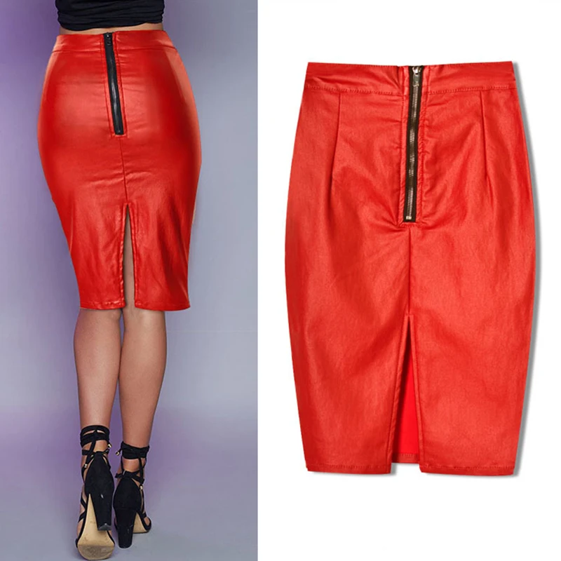 Модная женская одежда 2020 красные юбки из искусственной кожи с высокой талией