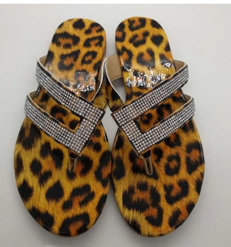 

Summer Women Sandals Leopard print Lady Fashion Rhinestones Plus Size 35-43 Shallow mouth Flat Solid Fish mouth Sandals Shoes