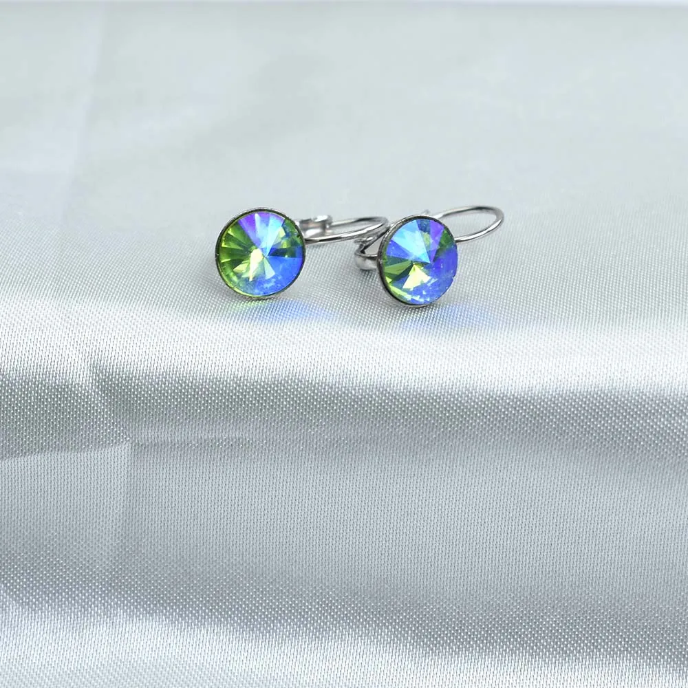 Серьги подвески из нержавеющей стали с разноцветными круглыми кристаллами 8