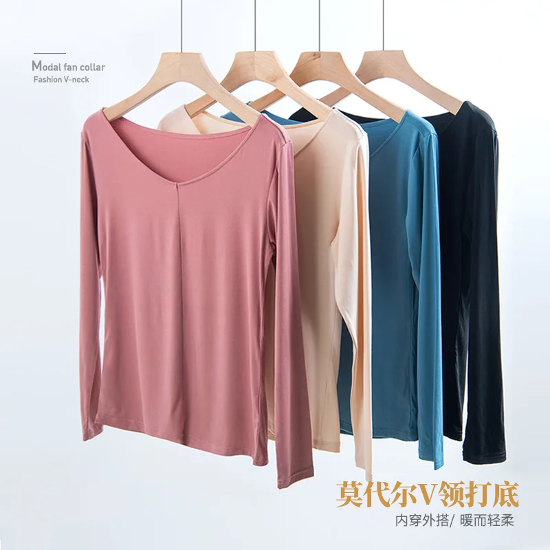 

Ladies modal long-sleeved bottoming shirt wear thin V-neck spring and autumn one-piece tops winter close-fitting all-match T-shi