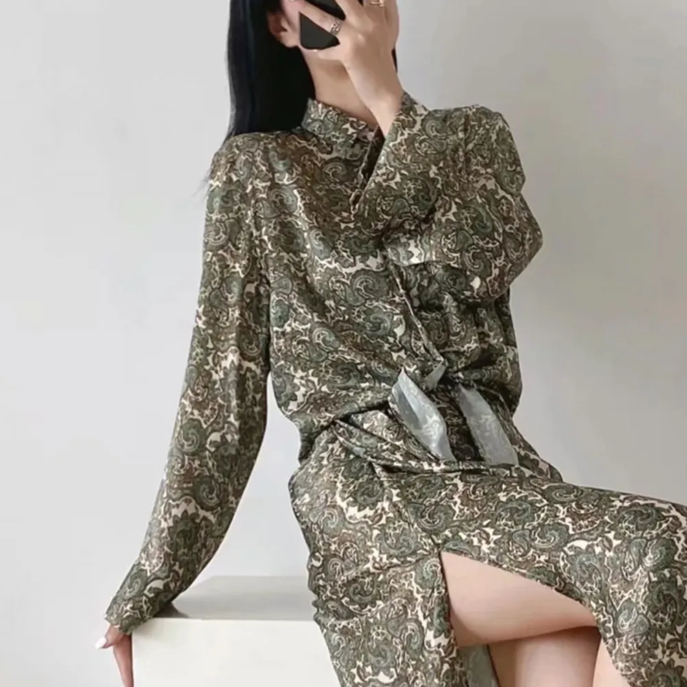 

2021 Tied Print Shirt Women Lapel Long Sleeve Asymmetric Hem Vintage Tops Woman Chic Button Up Knotted Spring/Autumn Blouse