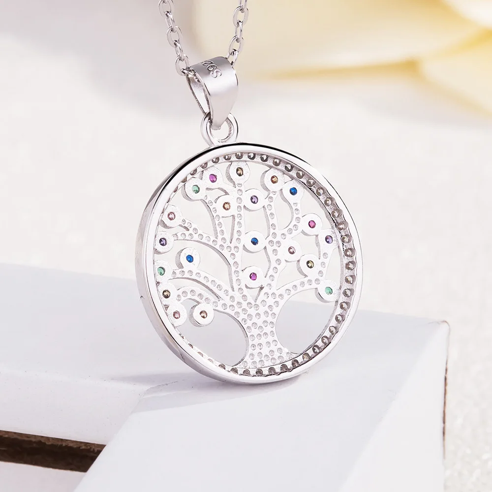 

S925 Women's Necklace Pendant Platinum Tree of Life with AAA Multicolor Zircon Mother's Day Gift