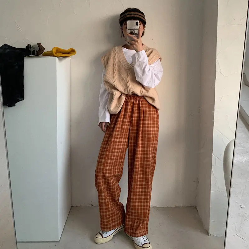 

Japan Plaid Pants Women Casual Harajuku Fashion Office Harem Pants High Waist Sweatpants Cool Summer Hip Hop Orange Pants Girls