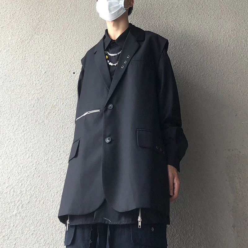 

High Street Zipper Pockets V Neck Suit Vest Men and Women Oversize Black Windbreaker Casual Sleeveless Blazer Loose Hip Hop Vest