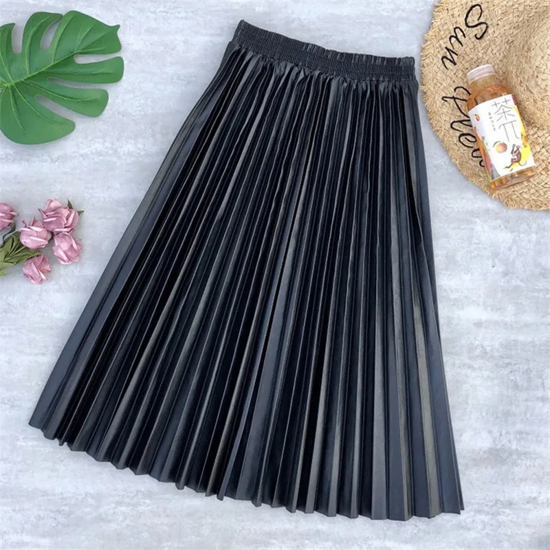 

Neophil Ladies Black PU Fur Faux Leather Midi Skirt Thick Winter Pleated High Waist Vintage Mid-calf Women Longa Saia S2010