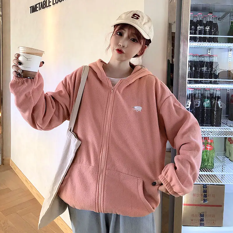 

Kawaii Jacket Autumn Winter Korean Style Fashion Loose Zipper Sweatshirt Plush Zip-up Plus Velvet Thick Women Hoodies