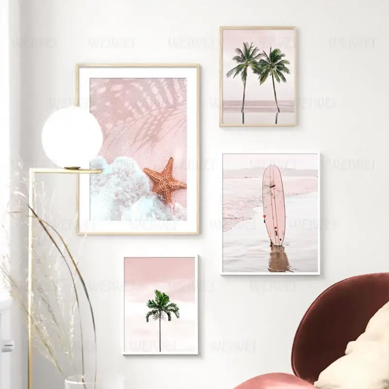 

Pink Seaside Landscape Painting Surfboard Coconut Tree Sea Home Wall Art Decoration for Bedroom and Living Room Hd Printing