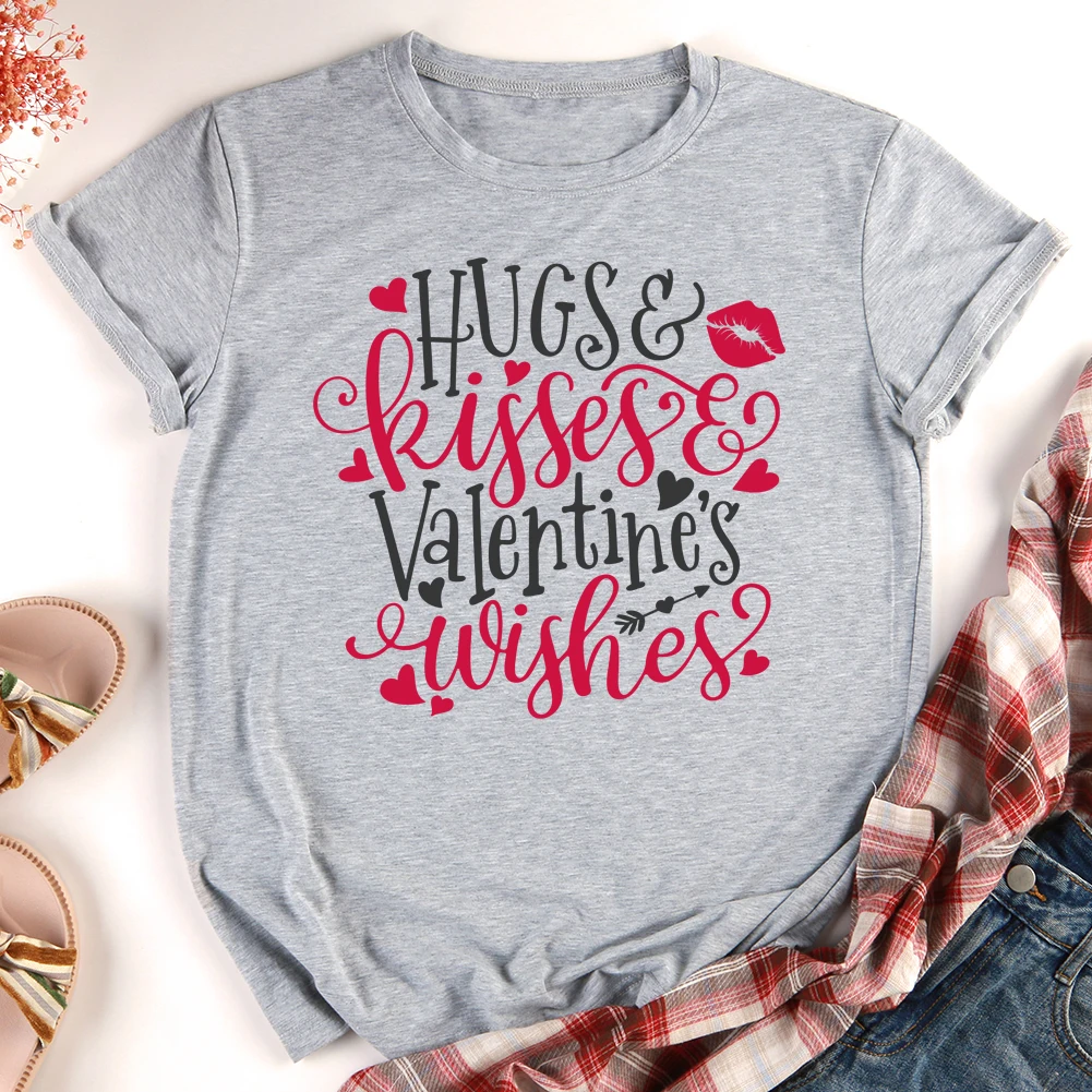 

Hugs Kisses Valentines Print T-shirt Women Men Neutral Top Tees Valentine Day Love Gift S-XXXL