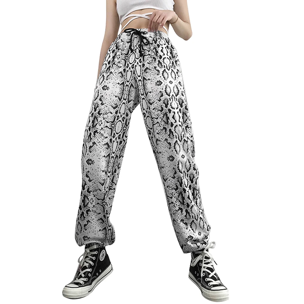 Модные женские брюки с принтом змеиной кожи на завязках высокой талией Свободные