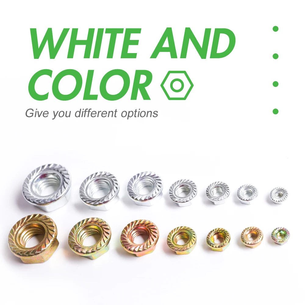 

DA-ONE 190Pcs M3 M4 M5 M6 M8 M10 M12color zinc-plated / White Zinc-Plated Flange Nuts Carbon Steel Hex Lock Nut Assortment Kit