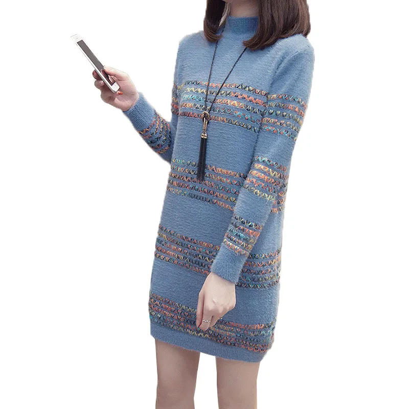 

Autumn Winter Women Sweater Pullover Dress New Fashion Loose Knit Sweater Dress Female Mid-length Plus Size Vestidos Knit dress
