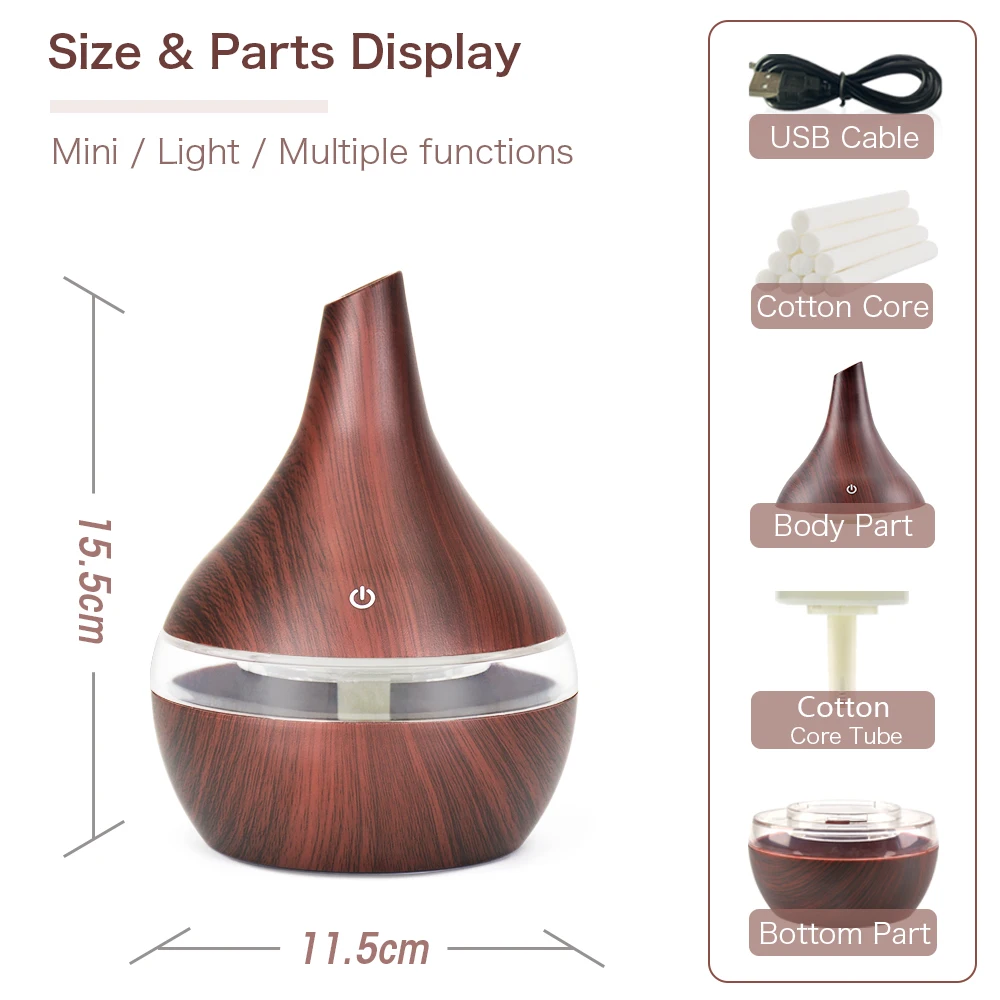 

5V 300ml USB Air humidifier Electric Aroma air diffuser wood Ultrasonic Essential oil Aromatherapy cool mist maker for home Car