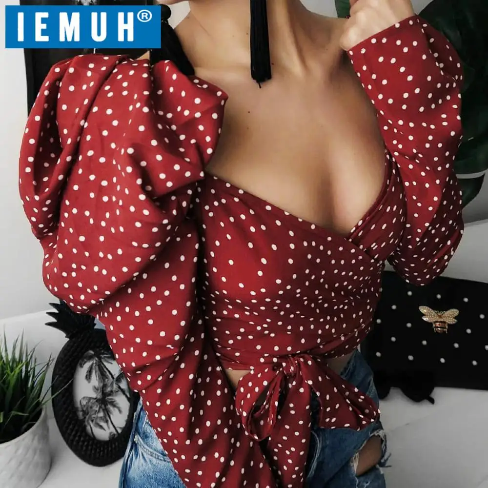 Женский винтажный Топ IEMUH элегантный красный короткий топ в горошек с буффами