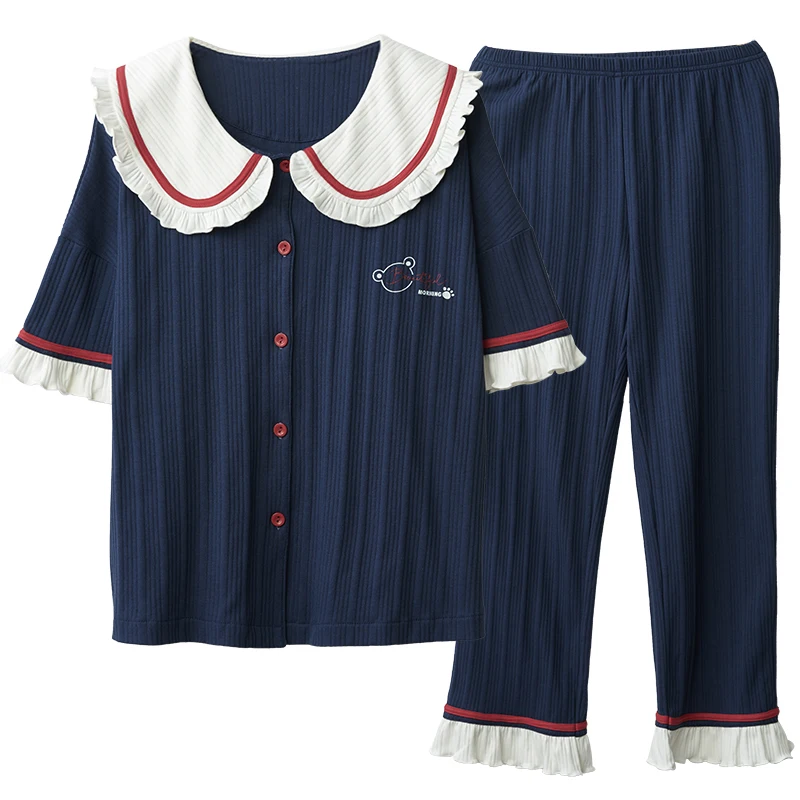 

Cotton Casual Home Wear Fashion College Style Turn-down Collar Women's Pajamas Set Kawaii Lace Cartoon Women Cardigan Sleepwear