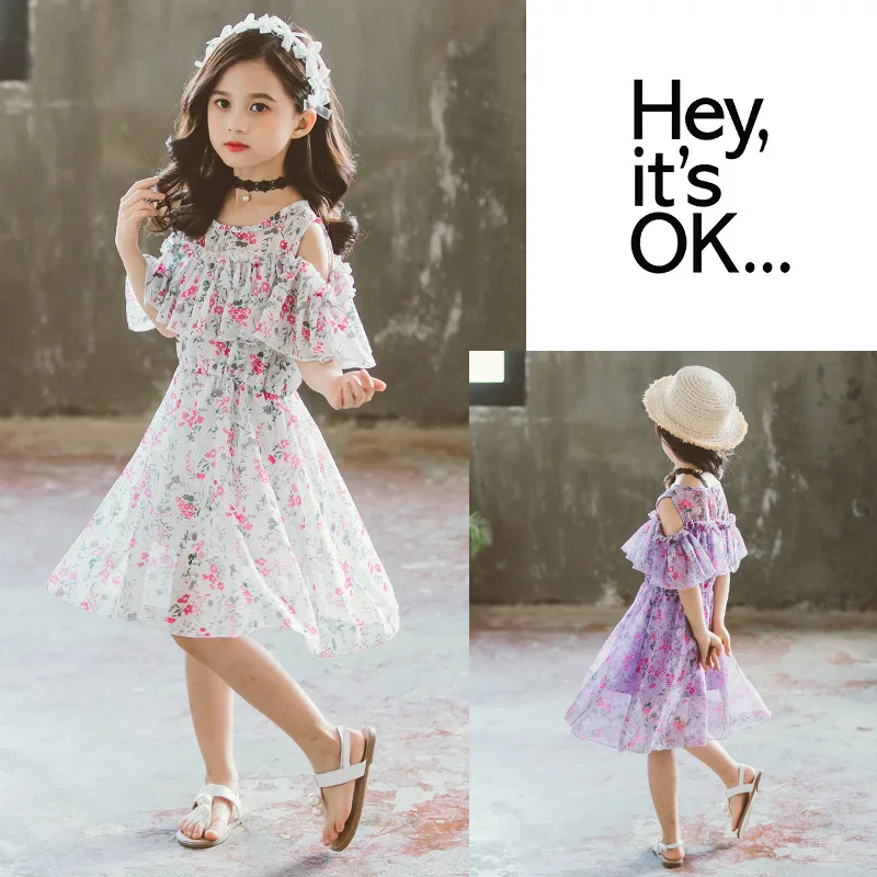 Baby Girl White Pink Purple Ruffles Drawstring Clothes Children Floral Chiffon Sleeveless Dresses Kids Clothing Bow Beach Dress | Детская