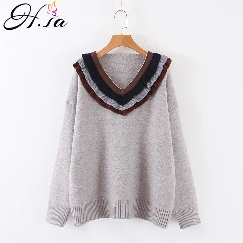 Женский свитер с V-образным вырезом H.SA объемный джемпер в Корейском стиле зима 2019