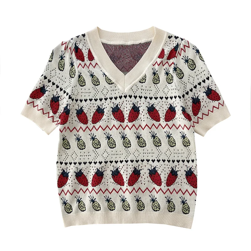 

Strawberry Jacquard Casual Knit Pullover Women Sweaters 2021 Summer Vintage Short Sleeve Korean Fashion Female Knitting Tops