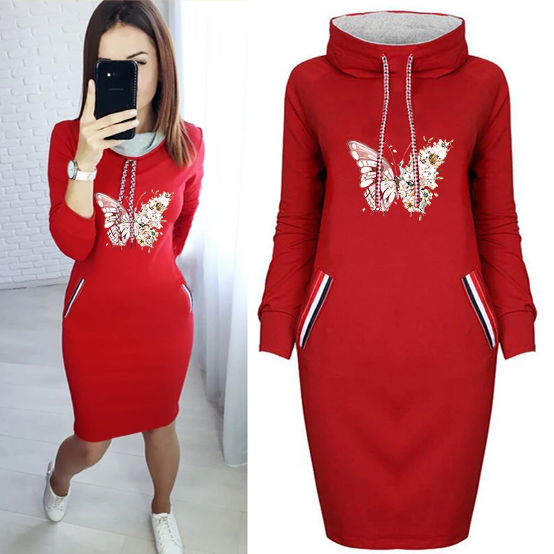 

Cute Butterfly Print Plus Size Dress Women Sexy Bodycon Vintage Long Sleeve Party Casual Dresses Slim Turtleneck Autumn Vestidos