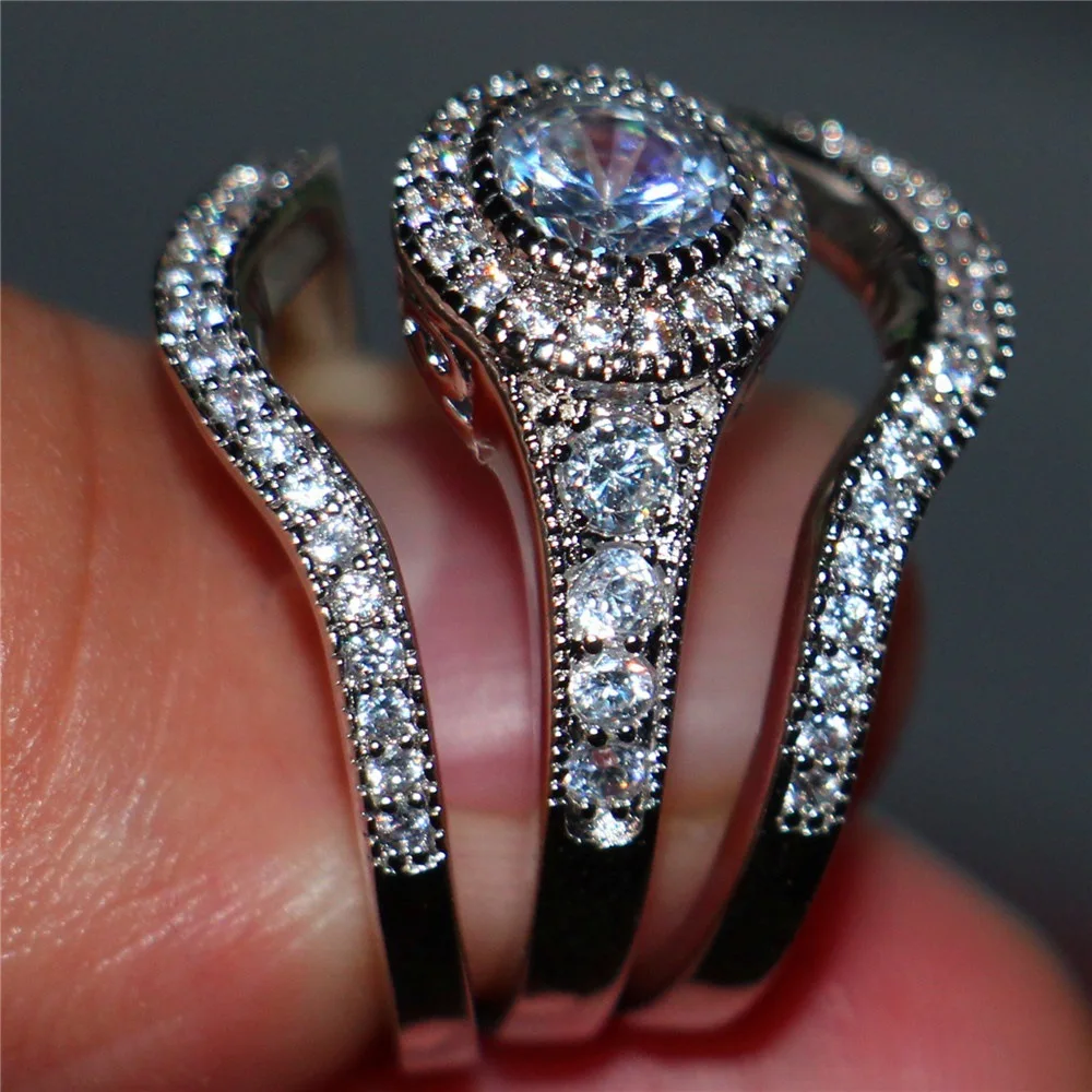 KNOCK 3pcs/Set Luxury Female White Round AAA Zircon Ring Set Fashion Silver Promise Engagement Rings For Women Jewelry