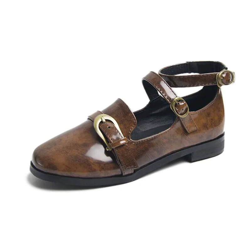 

Patent leather mary jane shoes women brogue shoes double copper buckle strap woman flats cow muscle sole england footwears TT9-1